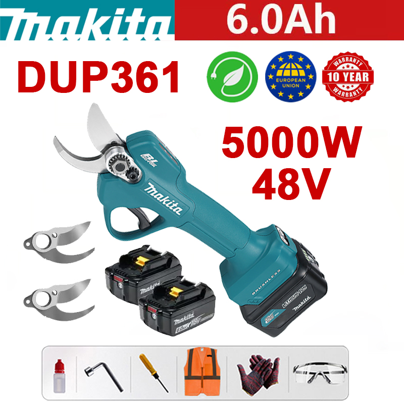  Makita DUP361PT2 vrtlarske škare + prikaz baterije-(12 sati trajanja baterije) 5000 W motor bez četkica škare s litijskom baterijom + 48 V 6,0 Ah baterija * 2 + punjač + nož ​​od legure SK9 * 3 + kutija za alat + mazivo + Sigurnost naočale, garancija 10 godina